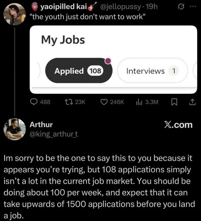 Social media post showing 108 job applications with a humorous comment on recruitment nightmares in the job market.
