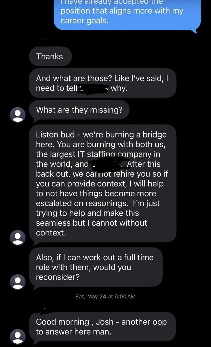 Text message exchange showing a recruitment nightmare with a recruiter urging reconsideration of a job offer.