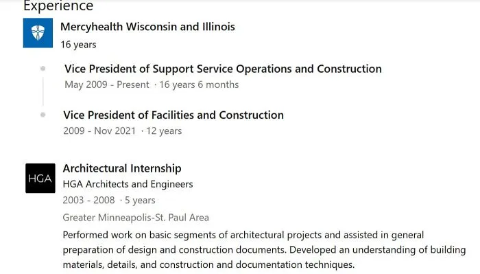 Screenshot of a professional LinkedIn profile showing experience in support service operations, construction, and architectural internship.