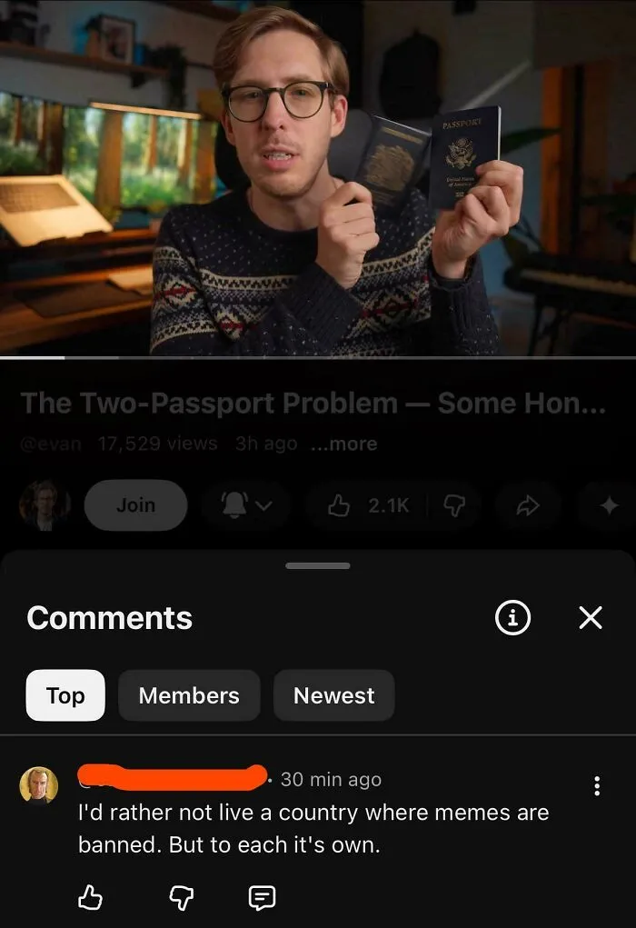 Man in glasses holding two US passports, with a social media comment highlighted showing dumb American internet remarks.