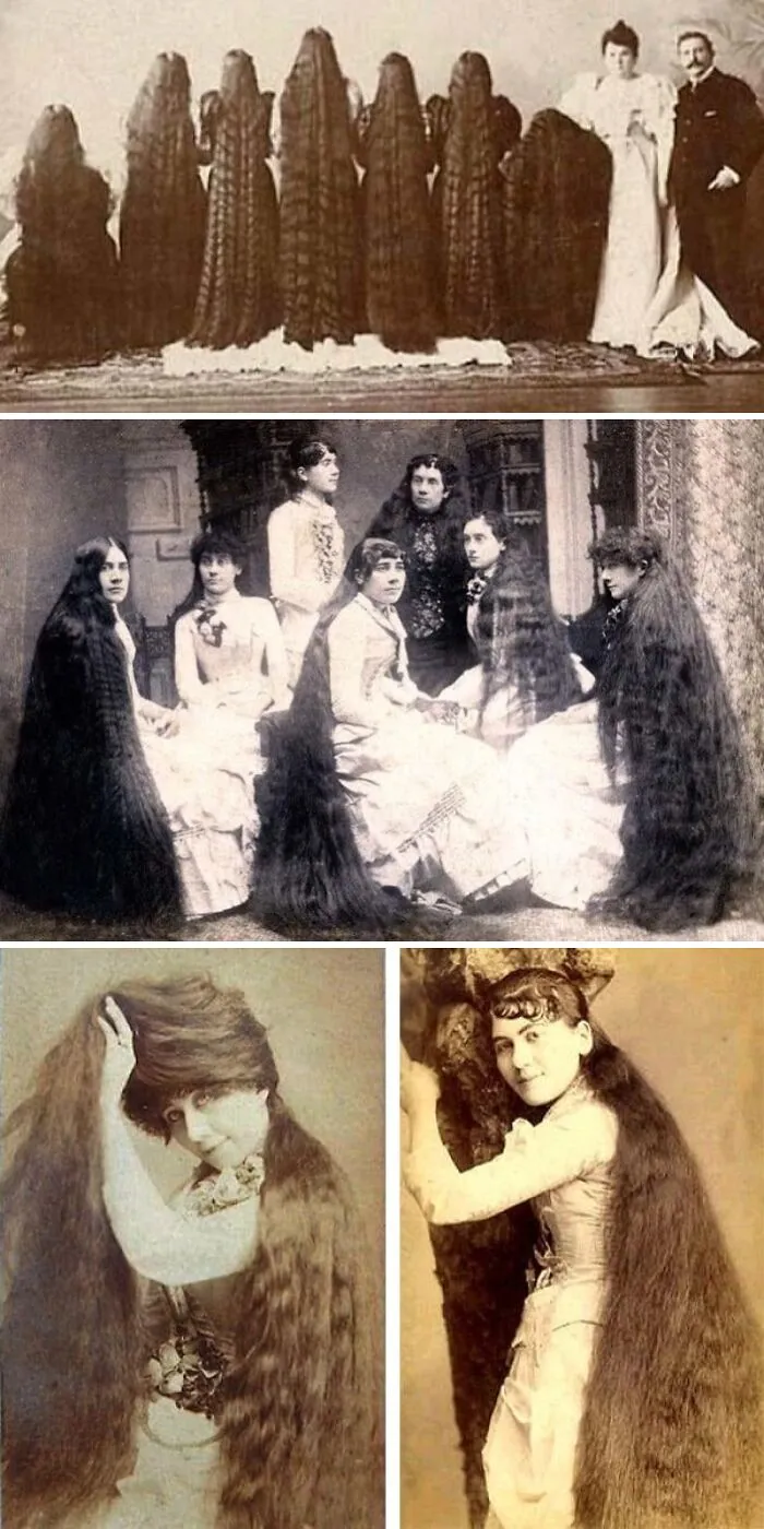 Victorian era women with exceptionally long hair in vintage black and white and sepia photographs.