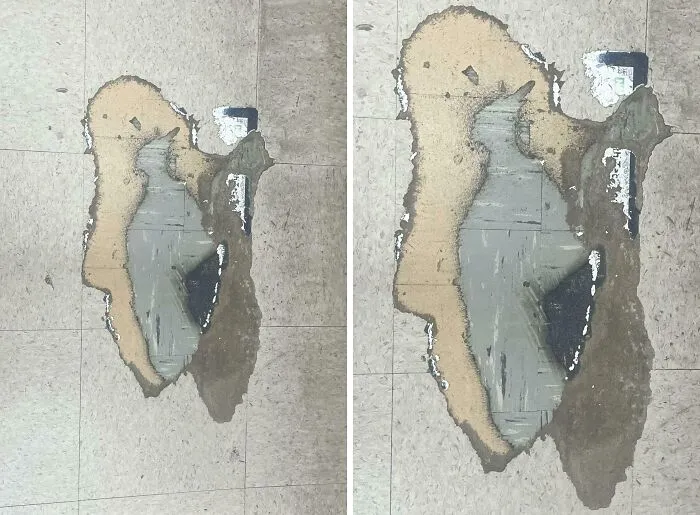 Worn down floor tiles revealing multiple layers beneath in an everyday object showing unexpected wear patterns.