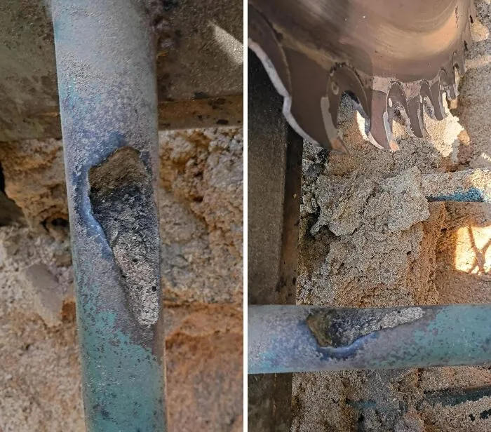 Close-up of a metal pipe and saw blade showing unexpected wear and damage on everyday objects over time.