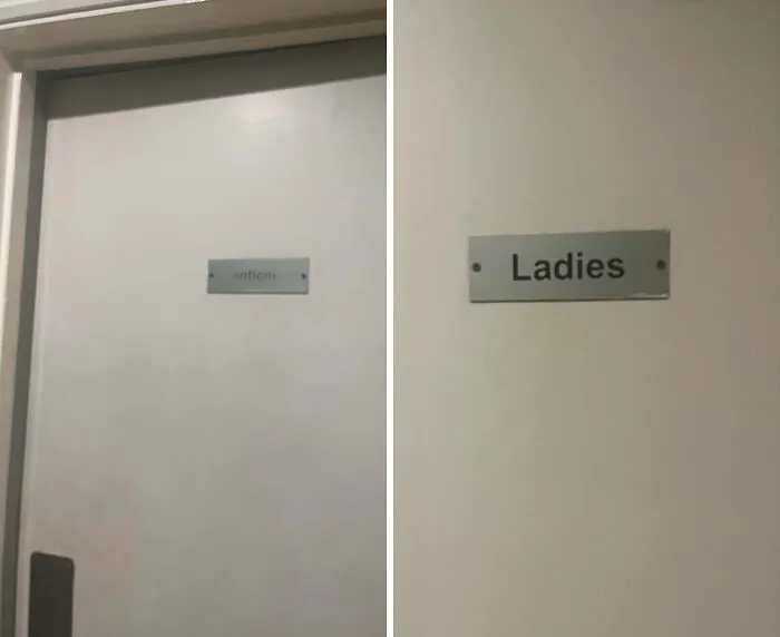 Worn down restroom door signs showing fading on the gentlemen sign and clear ladies sign, everyday objects worn down unexpectedly