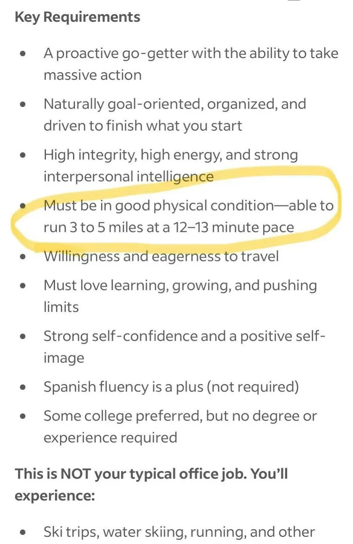 Job listing with key recruitment requirements including physical fitness, highlighting common recruitment nightmares.