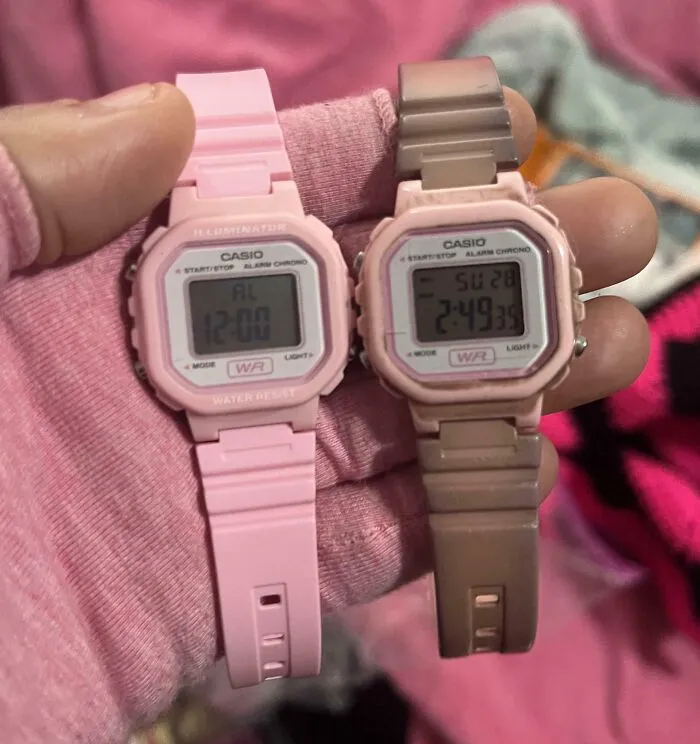 Two Casio wristwatches showing wear and discoloration, demonstrating everyday objects worn down in unexpected ways.