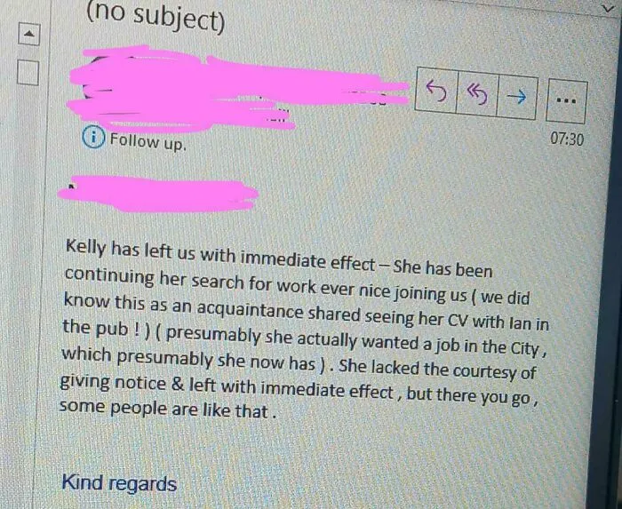 Email screenshot showing an awkward recruitment follow-up about an employee leaving immediately without notice.