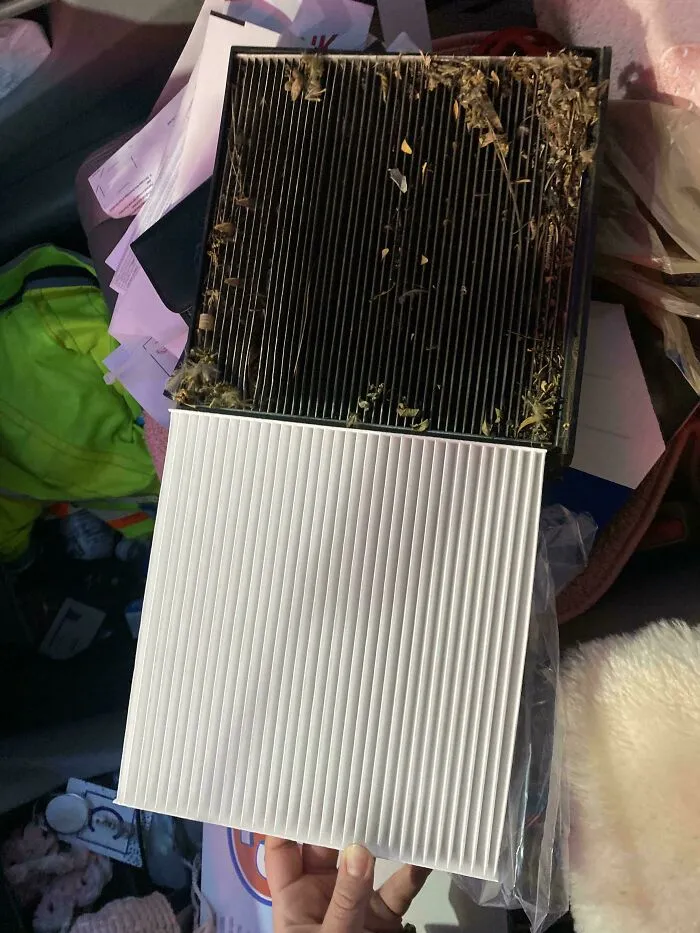 Dirty and clean air filters side by side showing the worn down effects on everyday objects over time.