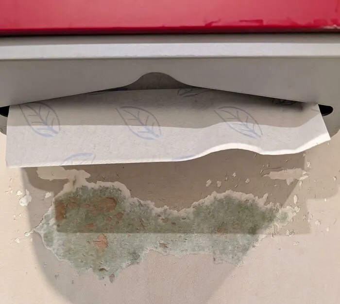 Worn down wall beneath a paper towel dispenser showing discoloration and peeling paint from moisture damage.