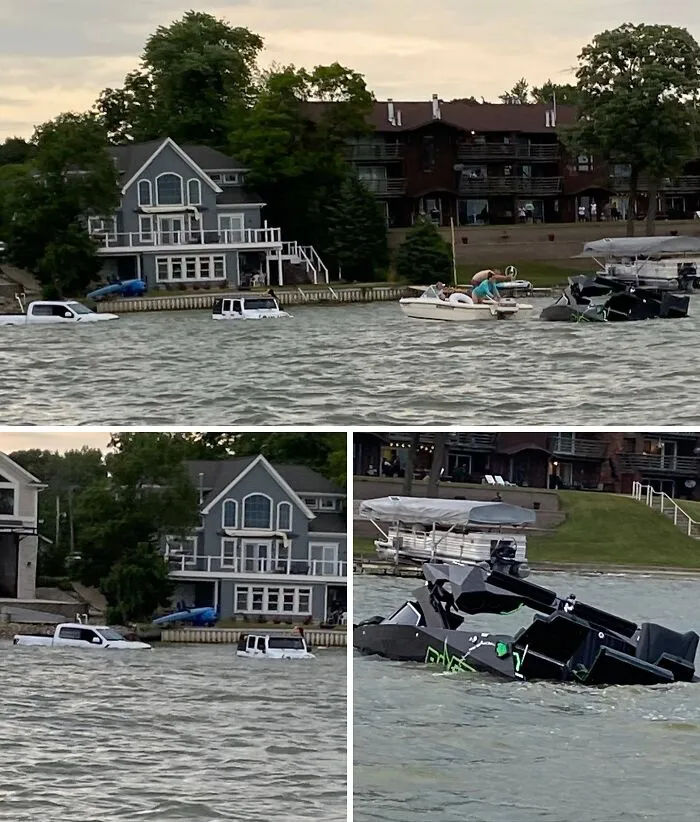 From One Of Our Customers In Cedar Lake, Indiana. Someone Sunk Their $300k+ Pavati Wake Boat, Then Swamped His Jeep And Raptor While Trying To Drag It Out