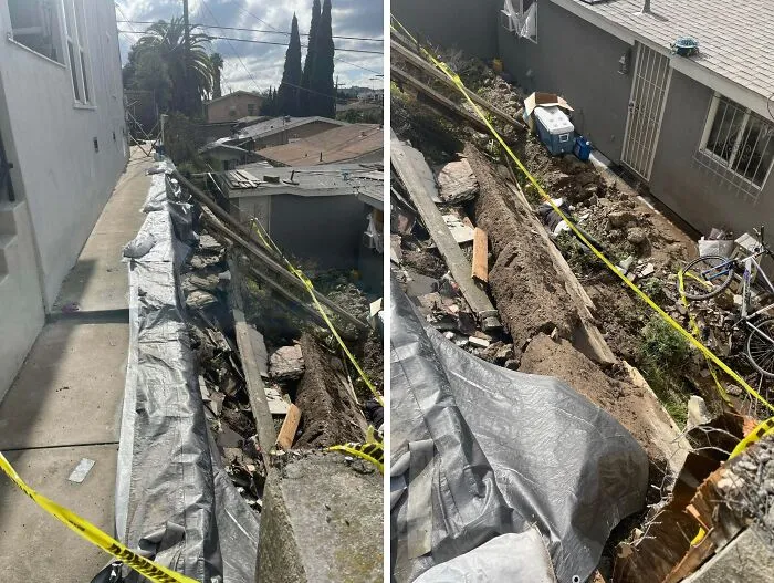 Derrumbe y daño estructural en muro trasero de una casa, ejemplo de errores costosos y accidentes visibles.