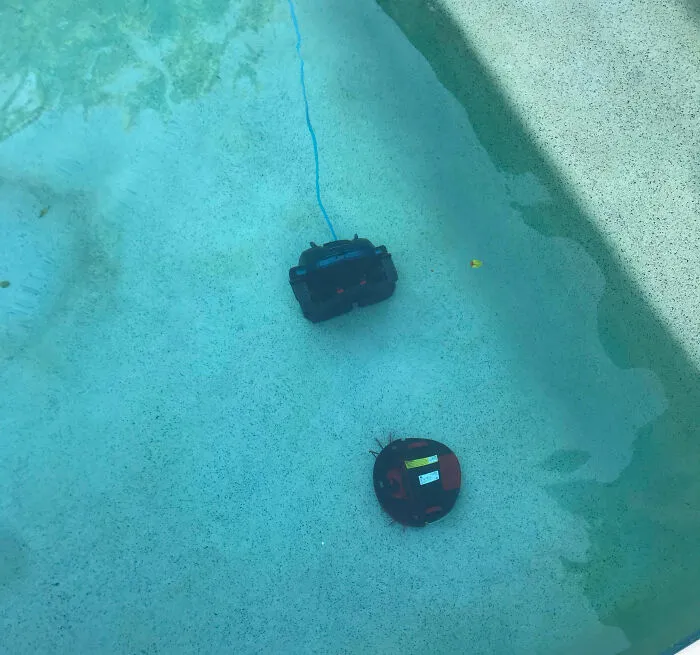 Mi esposa dejó la puerta de la zona de la piscina abierta. Nuestro caro robot aspirador (patas arriba en la foto) decidió que quería conocer a la aspiradora de piscina.