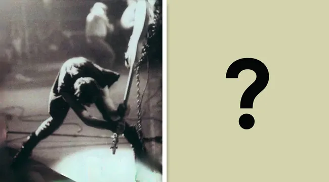 Black and white photo of a guitarist performing on stage, part of a 1977 album cover guessing game.