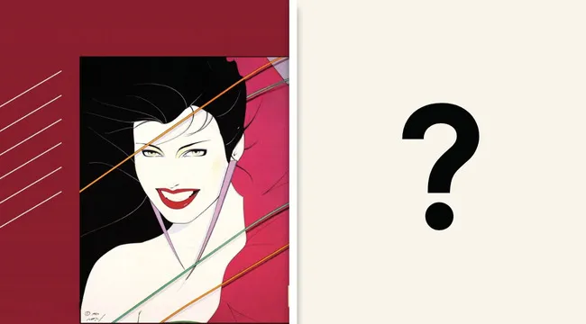 Illustrated album cover featuring a smiling woman with dark hair and colorful lines, related to Duran Duran album guessing game.
