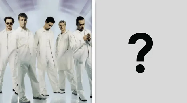 Boy band in white outfits posing with a question mark, representing an album cover from the peak of the boy-band era.