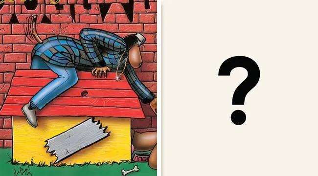 West Coast G-funk album cover featuring a cartoon figure in blue plaid climbing a red roof over a yellow doghouse.