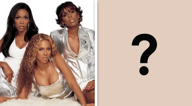 R&B female group posing in silver outfits on white fluffy surface for Guess the R&B album cover quiz.