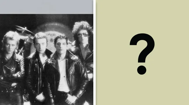 Black and white photo of a rock band in leather jackets, part of a guess the album cover quiz.