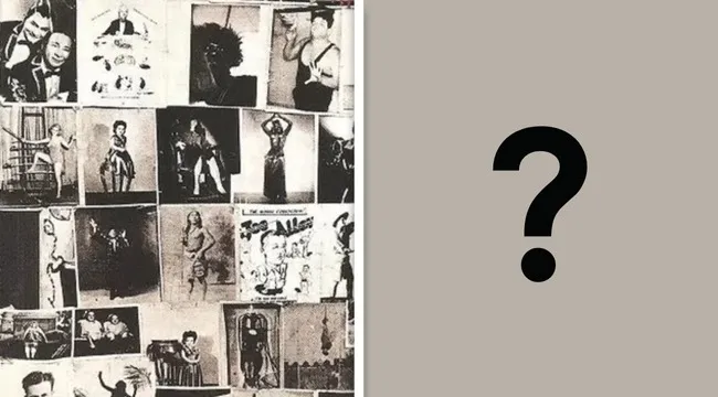 Collage-style album cover featuring black and white photos of various people for guessing the album title quiz.