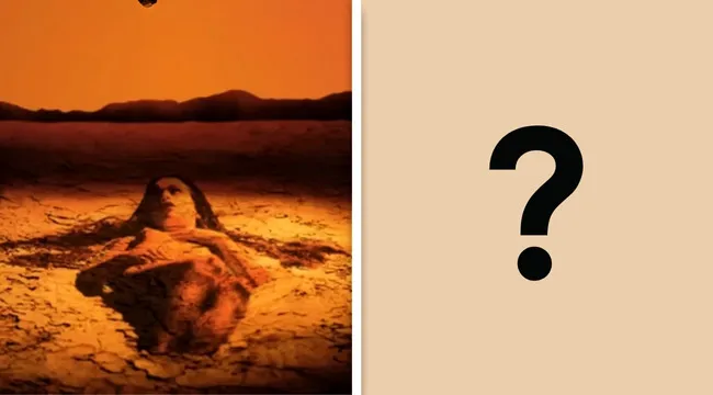 Woman lying on cracked dry ground with orange sky background, part of a 1992 album cover guessing game.