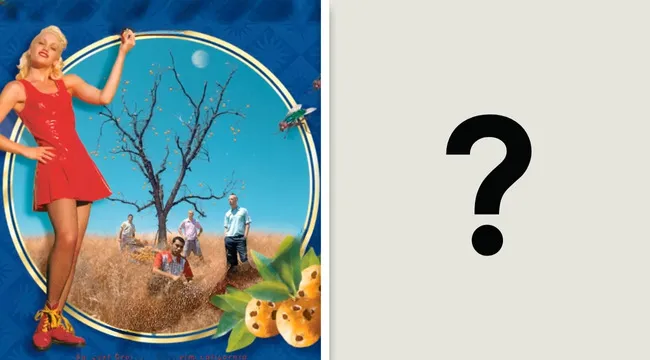 Alternative rock album cover featuring a woman in red with a tree and band members in a grassy field under a blue sky.