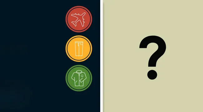 Minimalist album cover with airplane, beer glass, and shirt icons next to a large question mark for album guessing game.