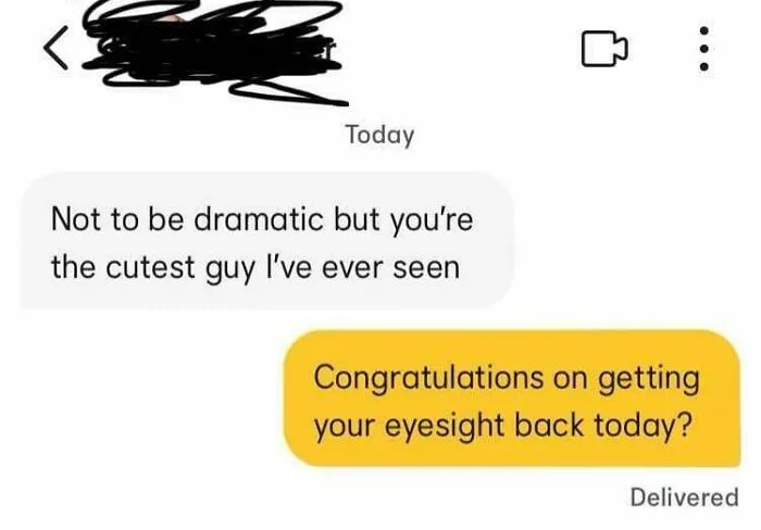 Text message exchange showing a funny Tinder interaction with playful compliments and witty responses.