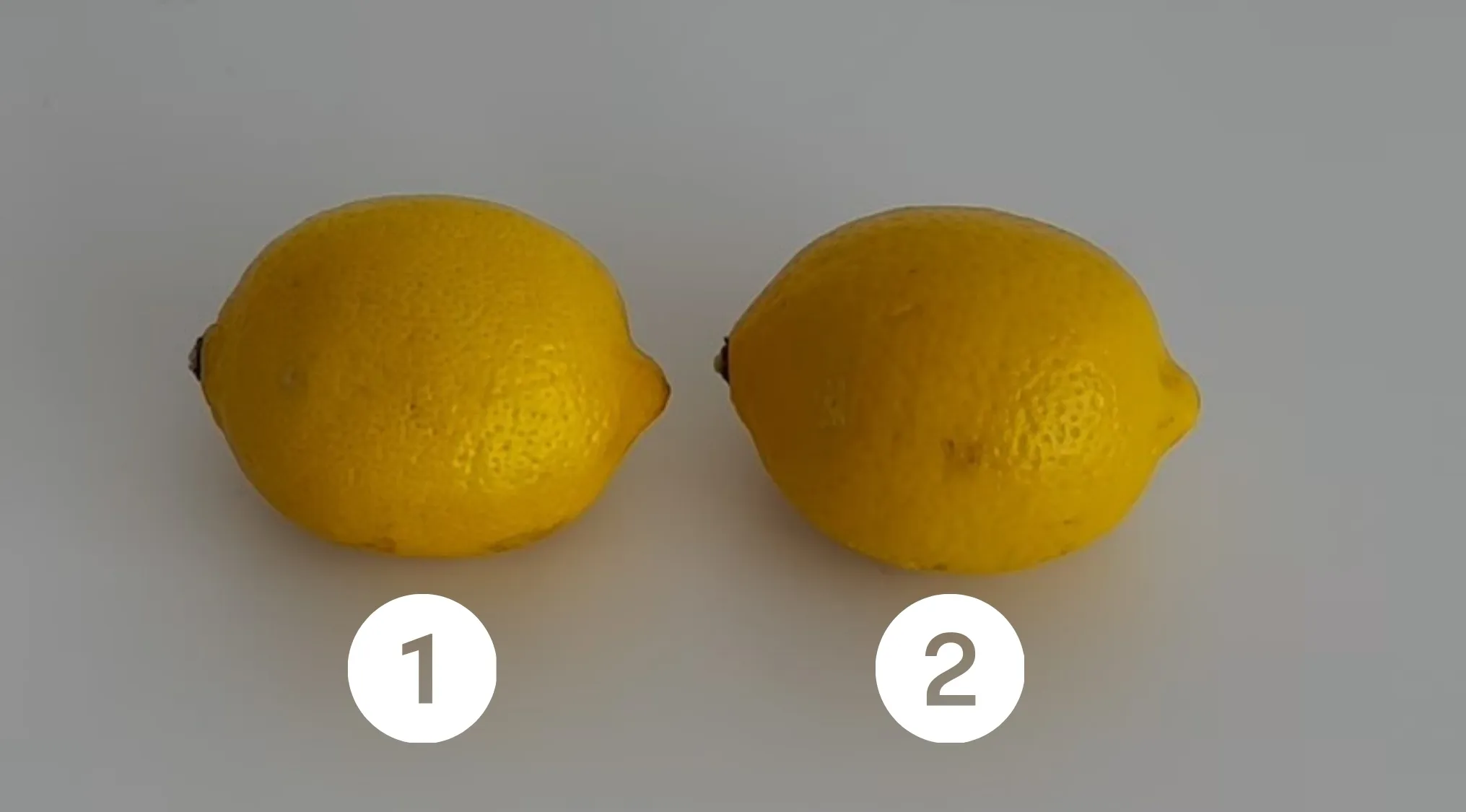 Two yellow lemons side by side labeled 1 and 2, showing a comparison for is it real or cake lemon challenge.