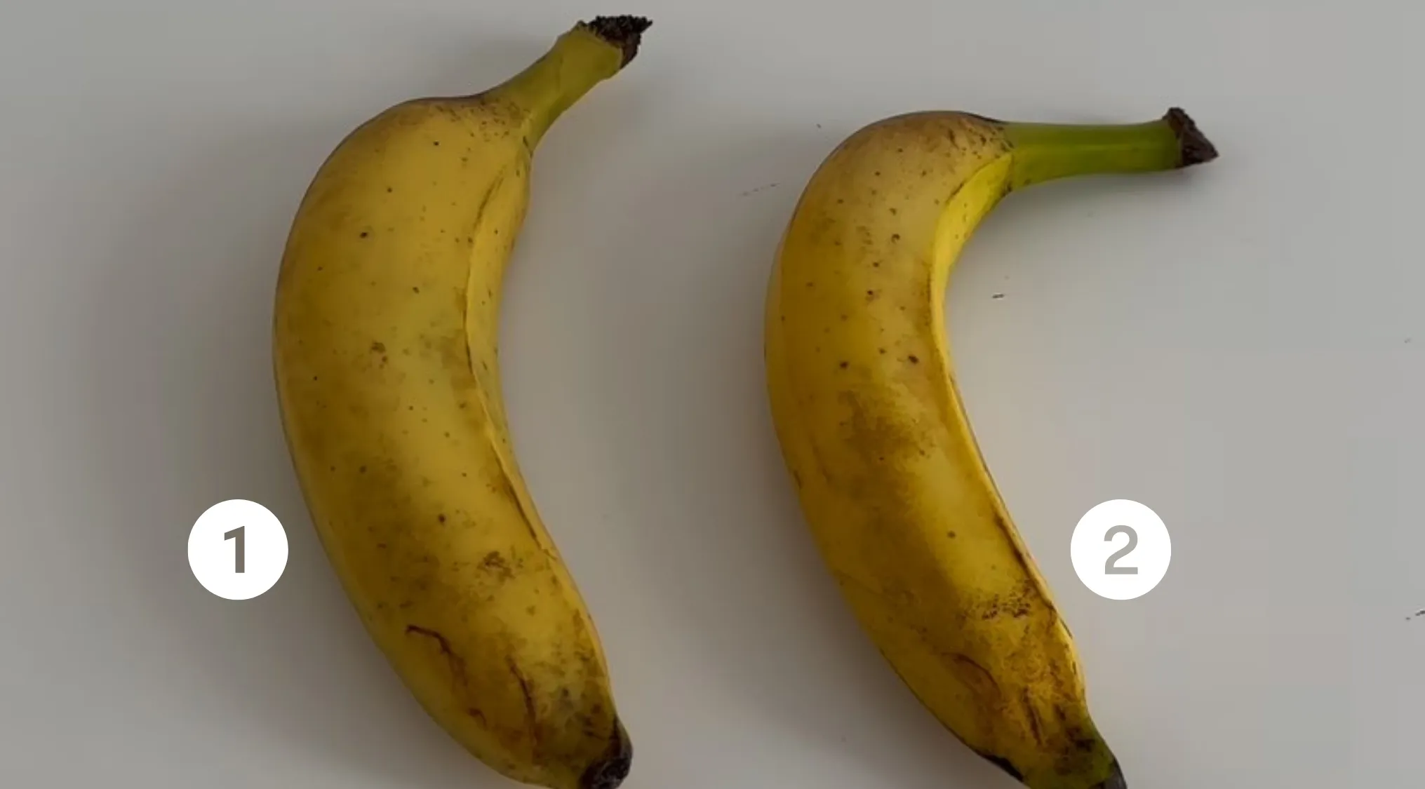 Two bananas side by side labeled 1 and 2, challenging which one is the real banana in a cake illusion.