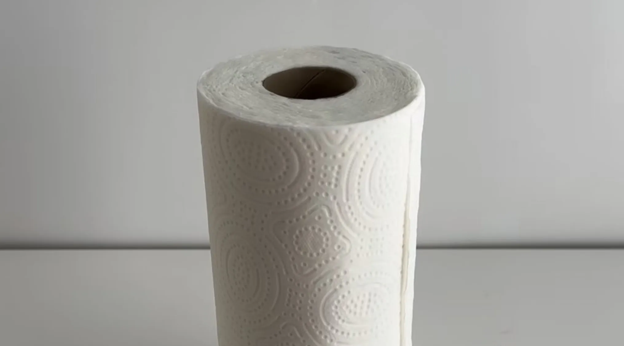 Roll of white toilet paper with embossed patterns on a gray surface questioning if it is real or cake.
