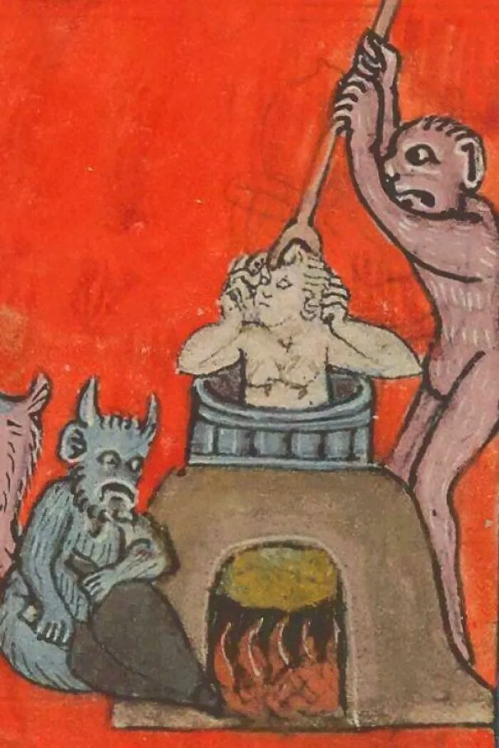 Medieval old painting showing demons roasting a person in a pot over fire with a red background, hilariously bad art style.
