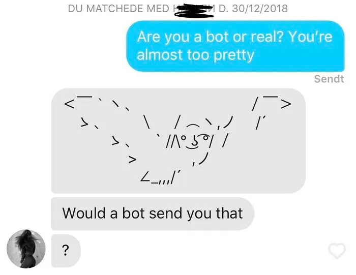 Screenshot of a hilarious Tinder interaction featuring a playful ASCII art bot response in a dating chat.