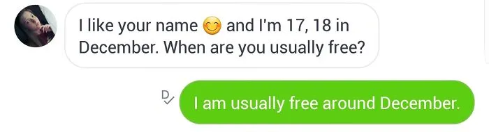 Screenshot of a funny Tinder interaction with a playful exchange about availability in December.