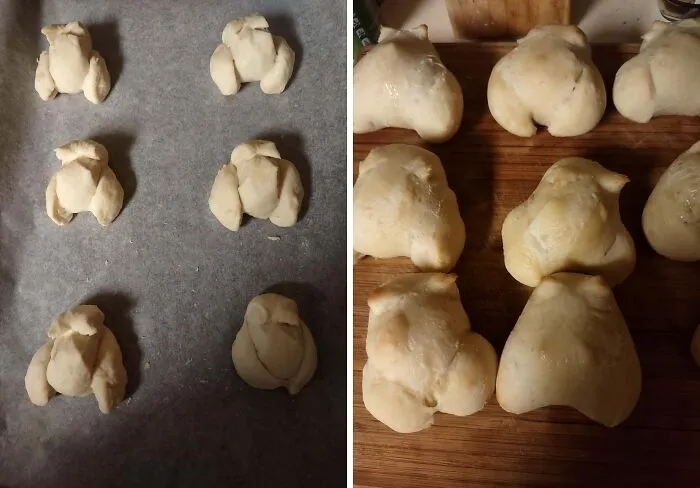 Unintentionally ruined dessert dough shapes before and after baking, highlighting dessert fails and baking mistakes.