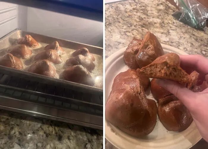 Desserts with unusual shapes baking in oven and a close-up of misshapen, dense chocolate treats on a plate.
