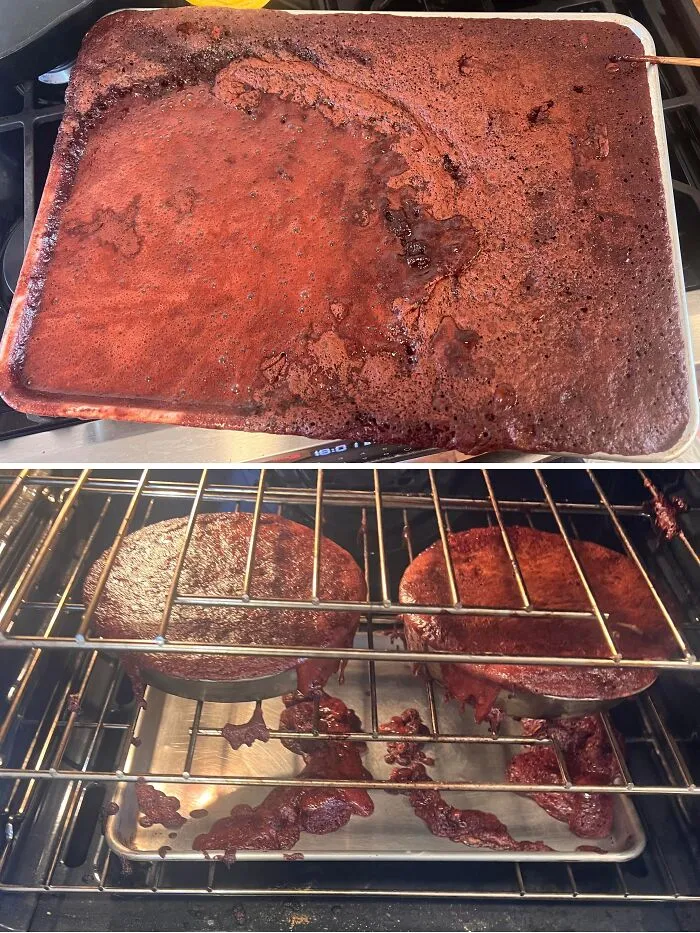 Burnt and overflowing chocolate desserts in baking pans left a mess inside the oven, showing ruined dessert attempts.