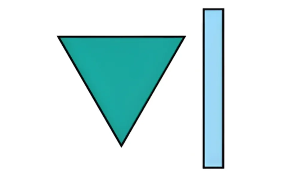 A downward teal triangle and a vertical light blue rectangle representing a piece to complete the pattern B.