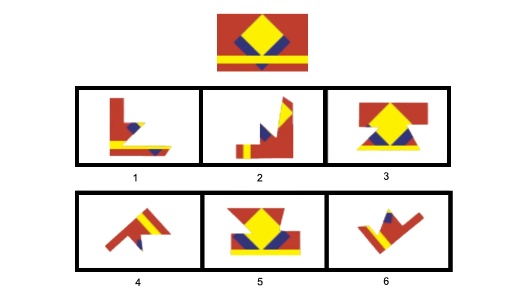 Six puzzle pieces from an adult intelligence scale IQ test shown to identify which three combine to complete the image.