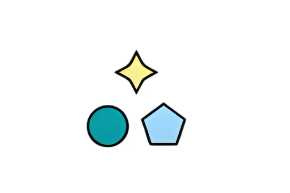 Three colorful shapes including a yellow star, green circle, and blue pentagon to choose figure that keeps scale in equilibrium B.