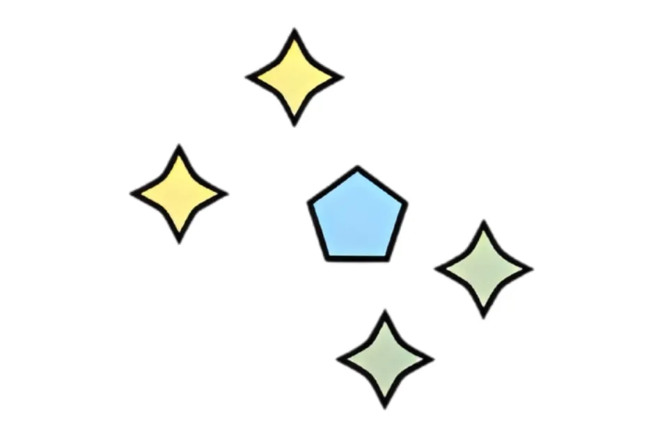 Abstract shapes with a blue pentagon and star-like figures, illustrating the concept of scale equilibrium balance.