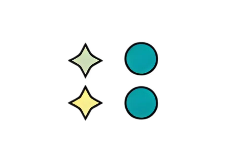 Four simple shapes in two rows, with two star-shaped and two circular figures, illustrating balance to keep the scale in equilibrium.