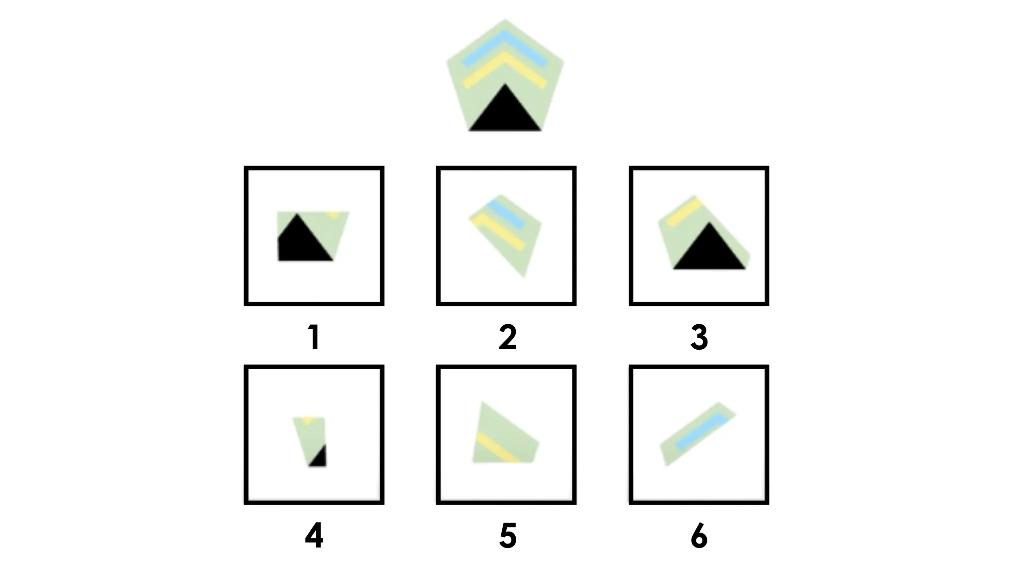 Three puzzle pieces options below a shape for an adult intelligence scale IQ test to complete the image.