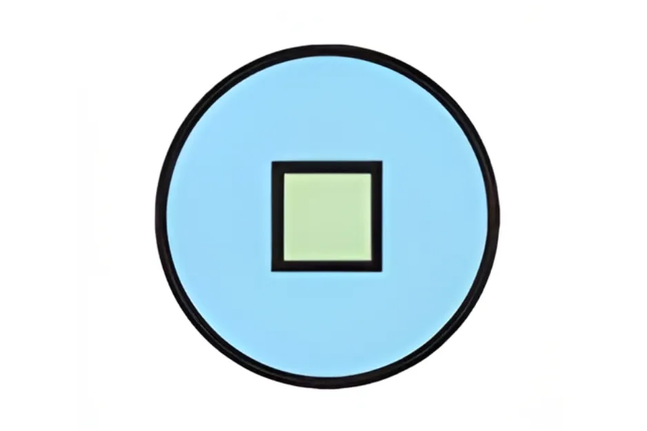 Circle with a black border and a green square centered inside on a light blue background representing matrix completion.