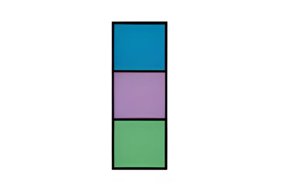 Vertical arrangement of three colored rectangles in blue, purple, and green for visual observation puzzle.