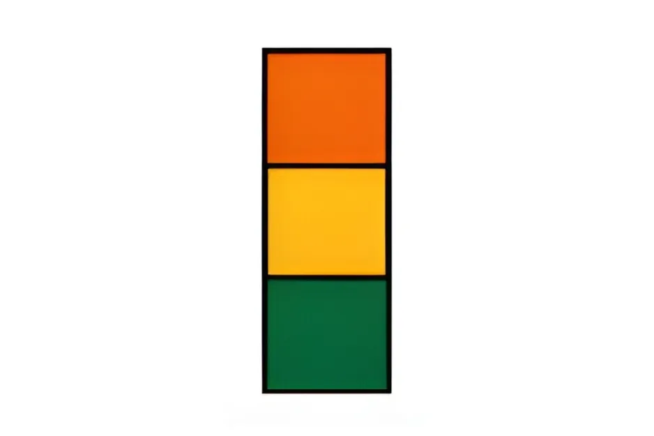 Three vertically stacked colored rectangles in orange, yellow, and green with a black border completing the pattern.