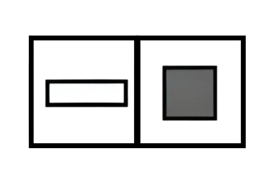 Two adjacent figures showing a black outlined rectangle and a filled black square completing the pattern B question.