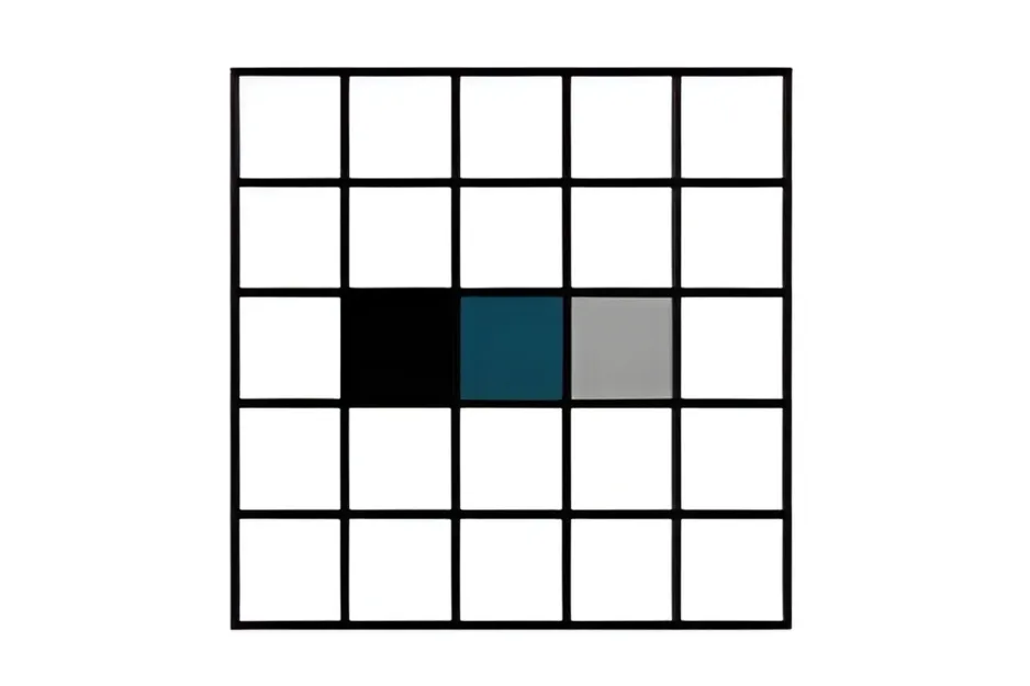 A large grid matrix with three colored mini-matrix squares in black, blue, and gray in the center row.