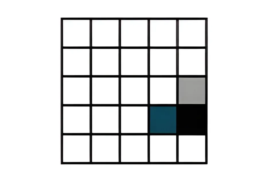 Big matrix with empty squares and three colored mini-matrix blocks in gray, dark teal, and black, puzzle challenge.