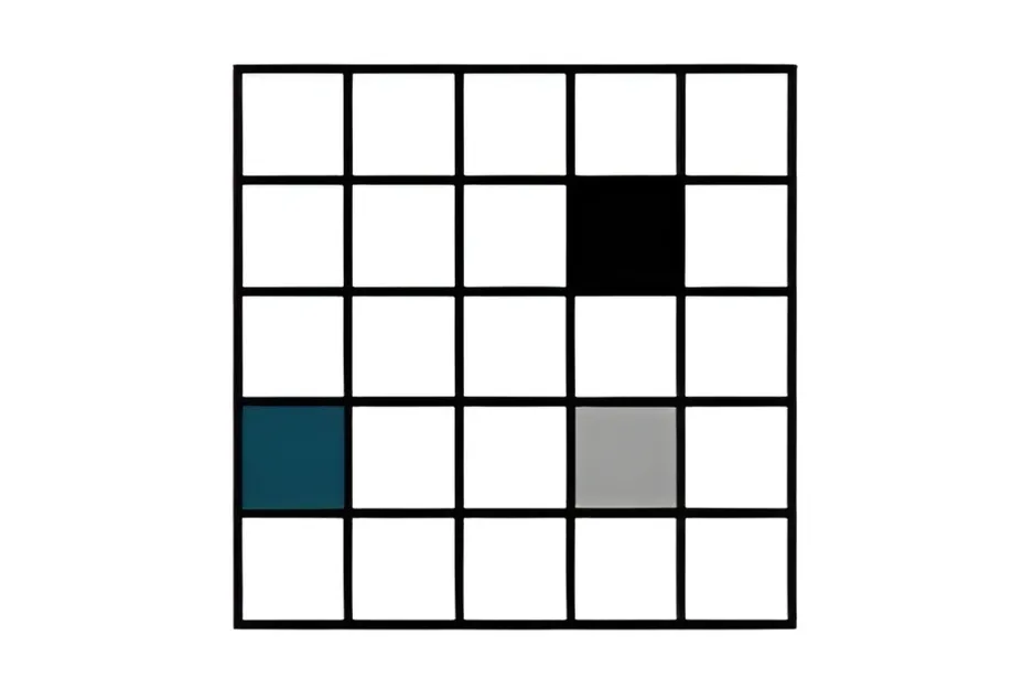A large matrix with empty squares and three colored mini-matrix blocks in black, blue, and gray within the grid.