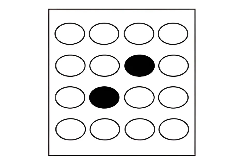 Matrix puzzle with black and white ovals arranged in a pattern requiring careful observation and pattern understanding.